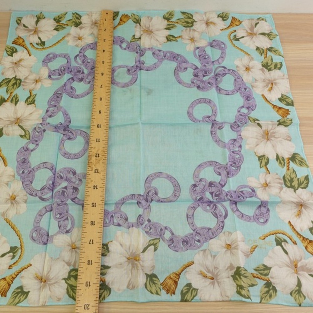 90s VTG CELINE Paris Handkerchief Blue Hibiscus Chain Link Scarf AUTH Luxe 20x19 - Picture 5 of 13